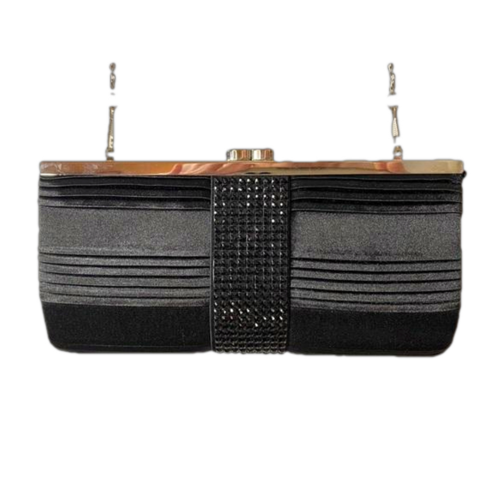 Cruise Club Black Satin Silver Trim Black Sparkly Clutch or Crossbody NWT